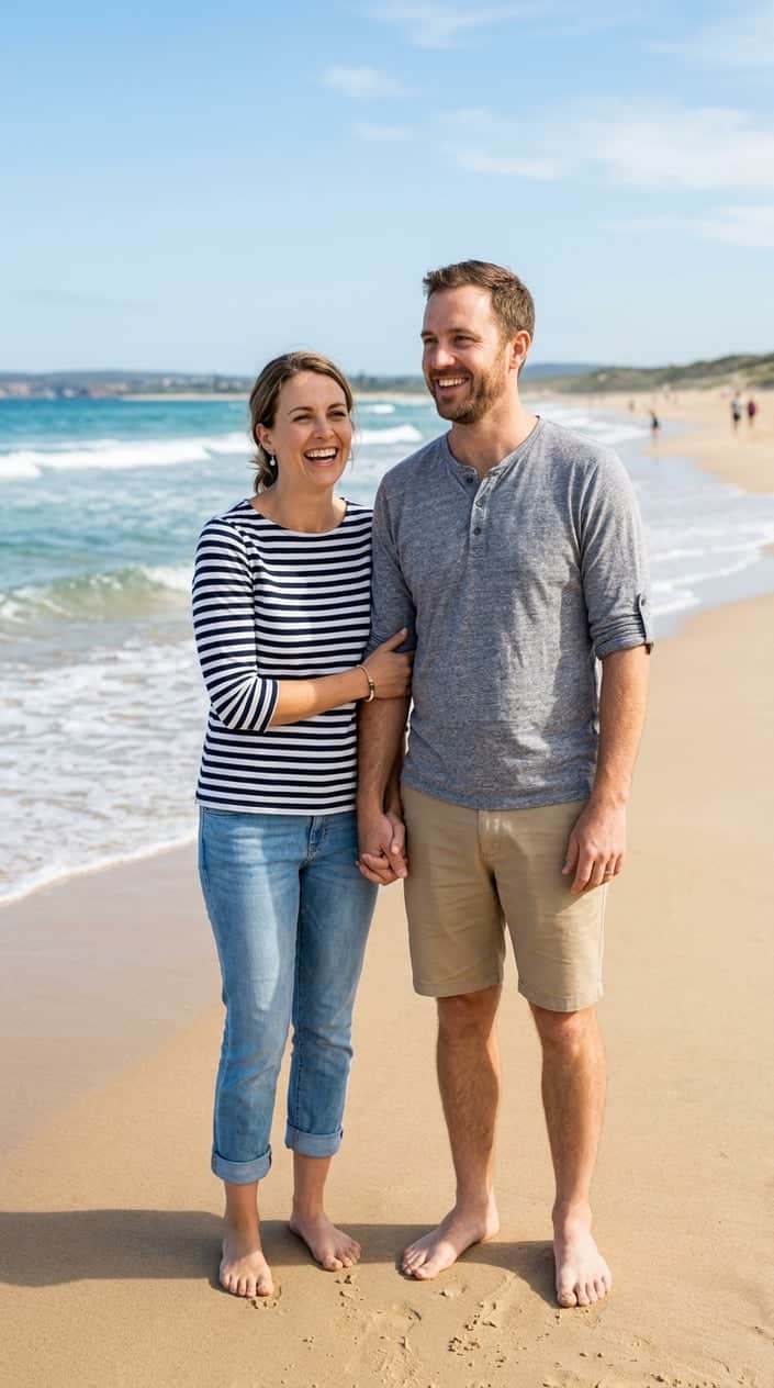 A couple standing together on a sandy beach near the ocean, the woman in a navy and white striped Breton top and the man in a soft gray henley, both smiling.