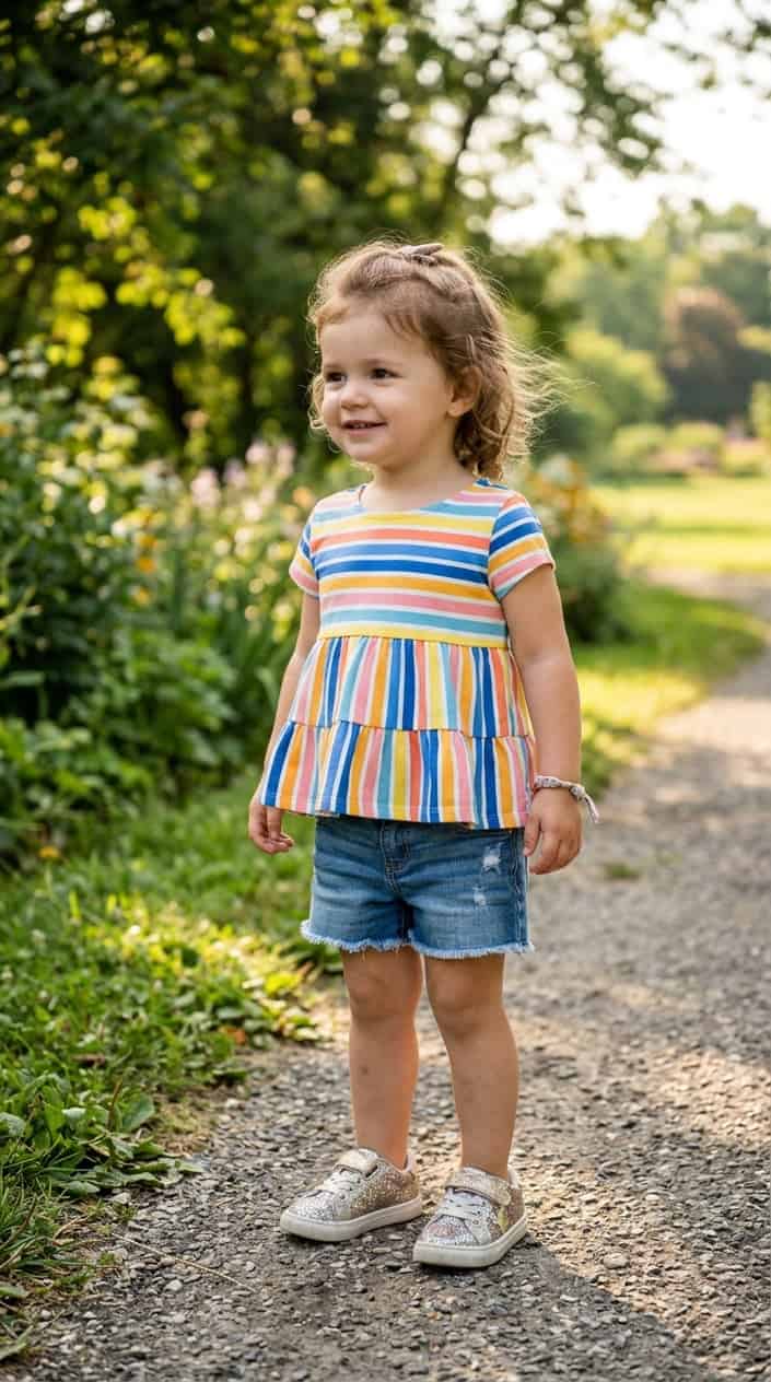 Easy Mix-and-Match Toddler Girl Summer Outfits 11 A toddler girl standing outdoors wearing a striped top, denim shorts, and glittery sneakers.