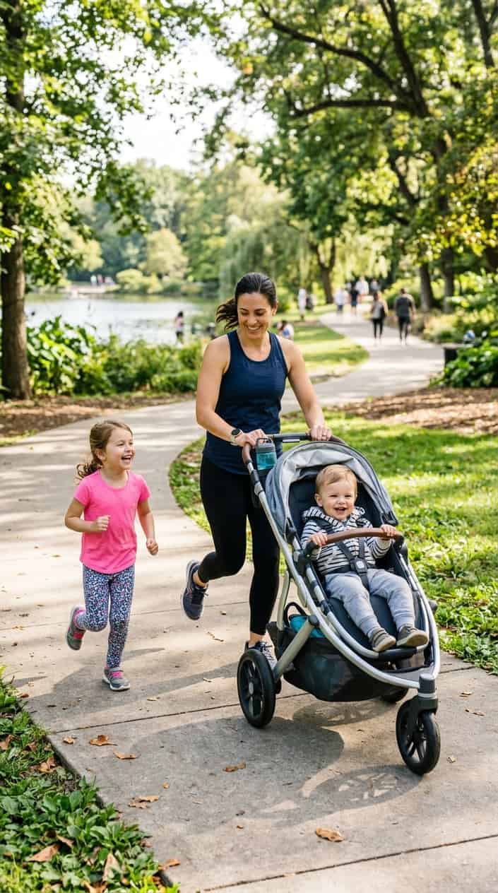 Physical Activities for Kids to Burn Off Energy 22 A parent briskly walking outdoors while pushing a stroller with a toddler and an older child walking alongside in a park.