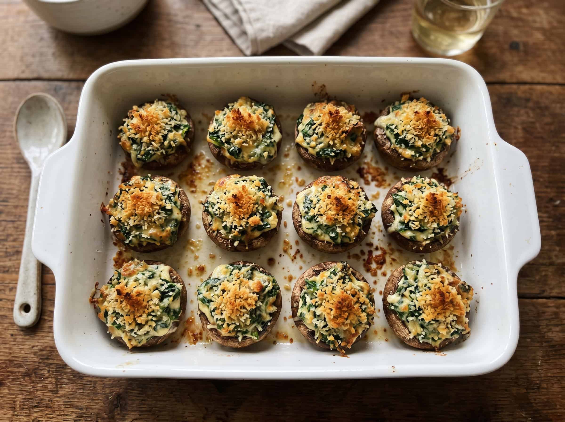 Spinach and Cream Cheese Stuffed Mushrooms with Breadcrumb Crust