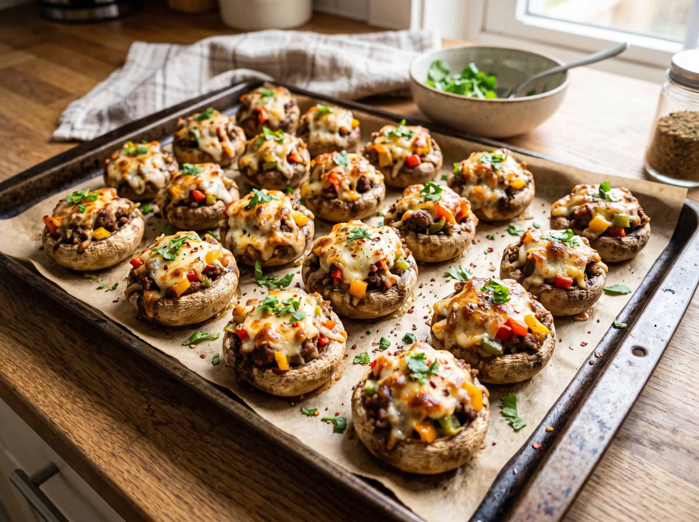 Keto Ground Beef and Pepper Stuffed Mushrooms