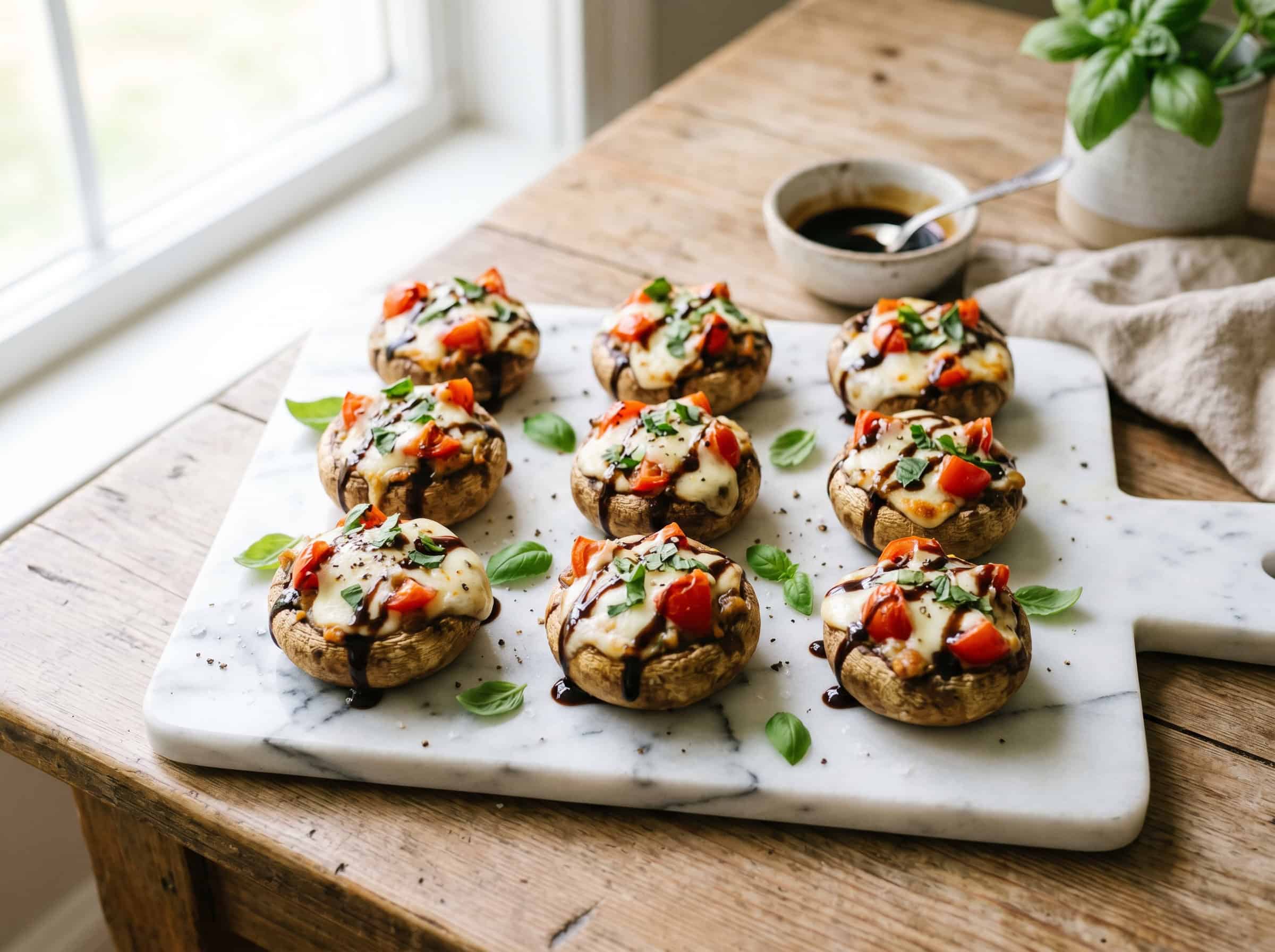 Caprese Stuffed Mushrooms with Balsamic Glaze