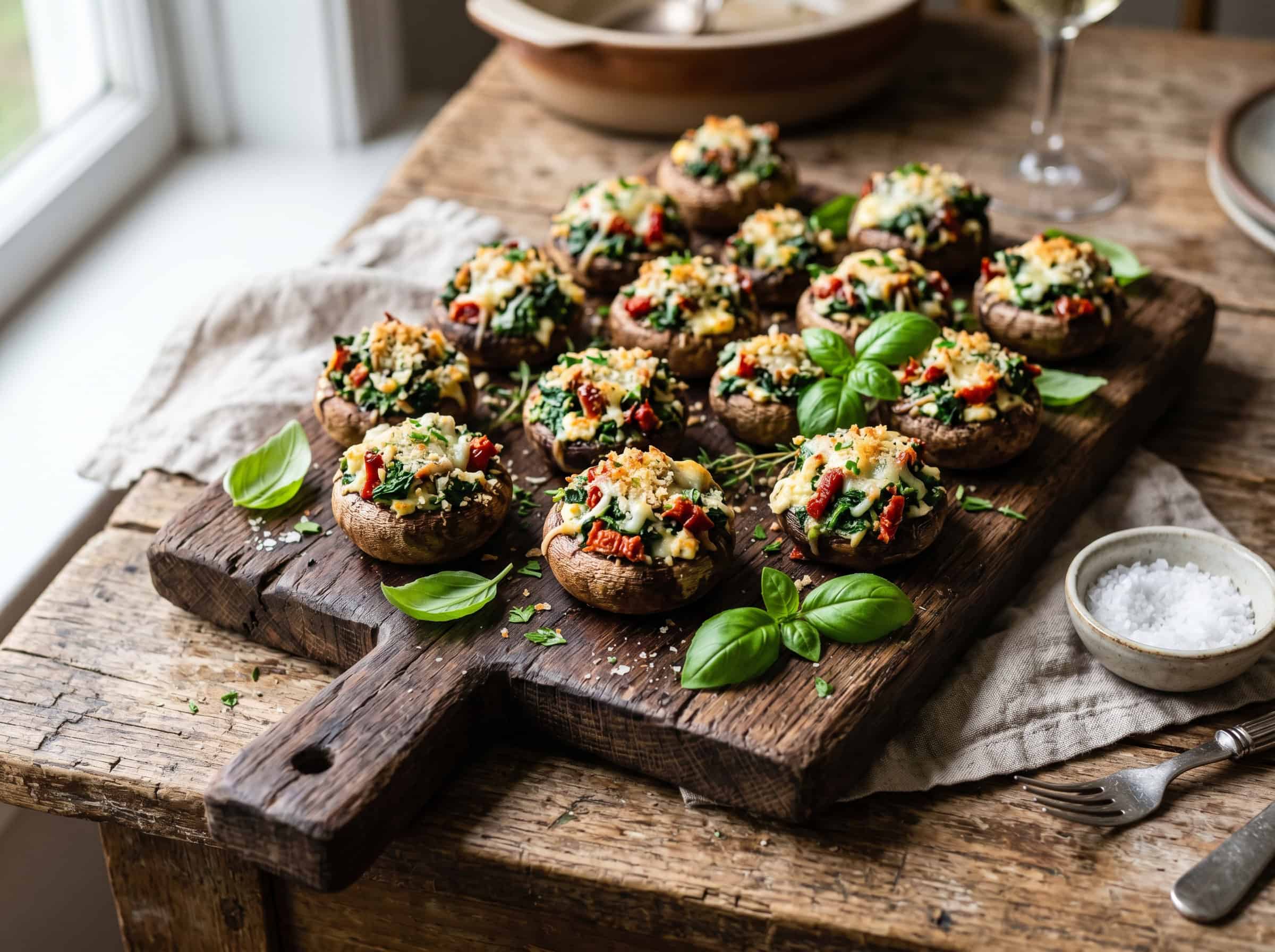 Spinach, Sun-Dried Tomato, and Goat Cheese Stuffed Mushrooms