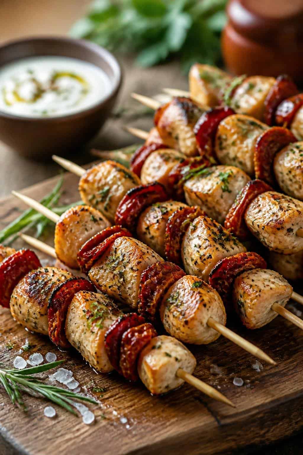 Close-up of grilled chicken skewers with sun-dried tomatoes and herbs arranged on a wooden board with a small bowl of sauce nearby.