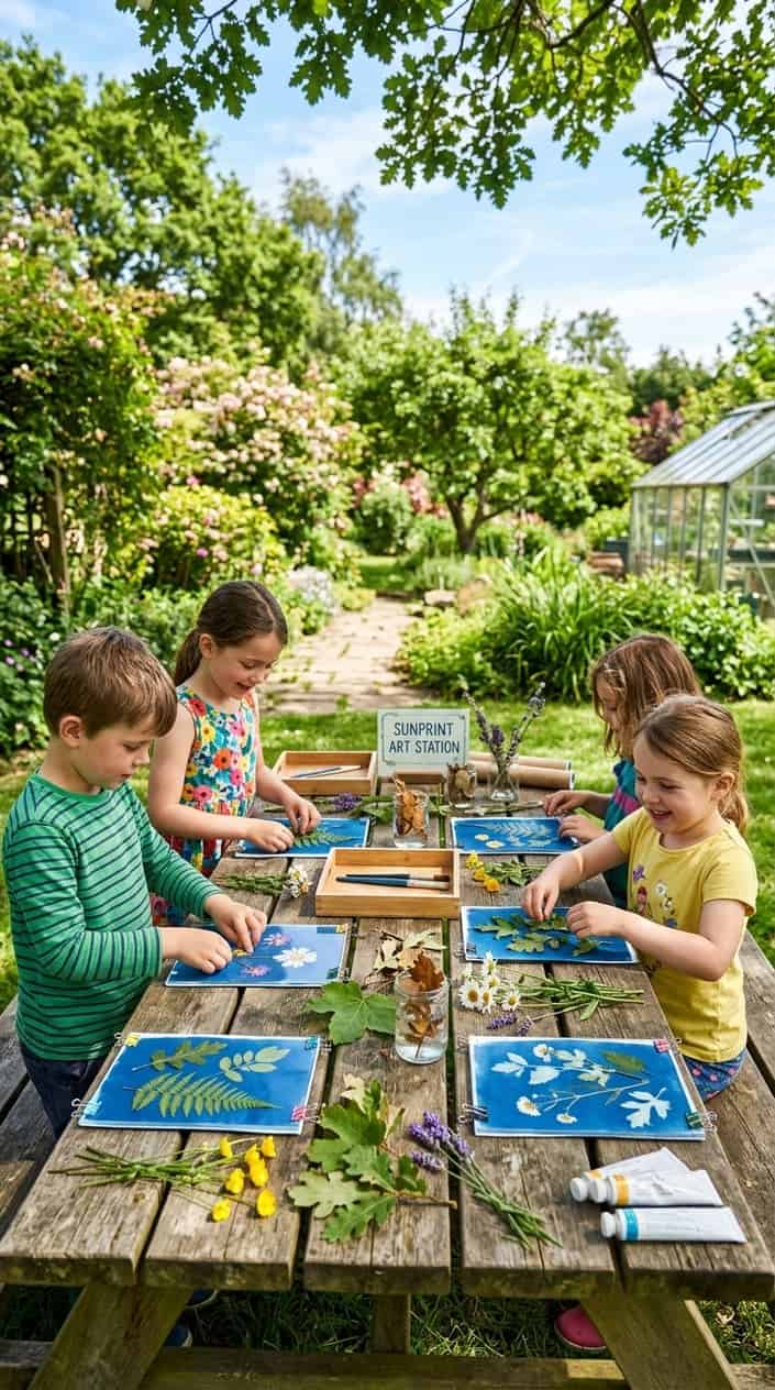 Children outdoors creating sunprint art using leaves and flowers on paper at a wooden table surrounded by greenery.
