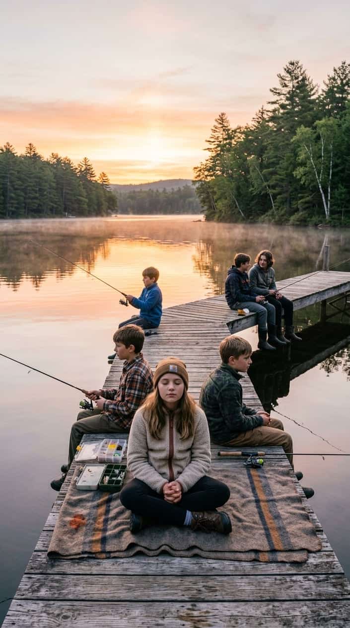 Two boys sitting on a weathered wooden dock, fishing rods dipped into still water, the sky above them pink and gold with early morning light through the trees.