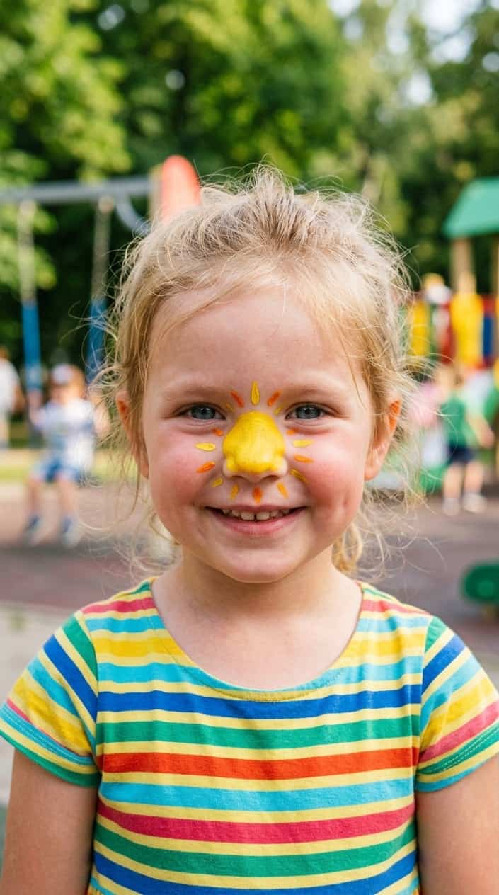 Close-up of a smiling child with bright sunshine face paint on their nose outdoors.