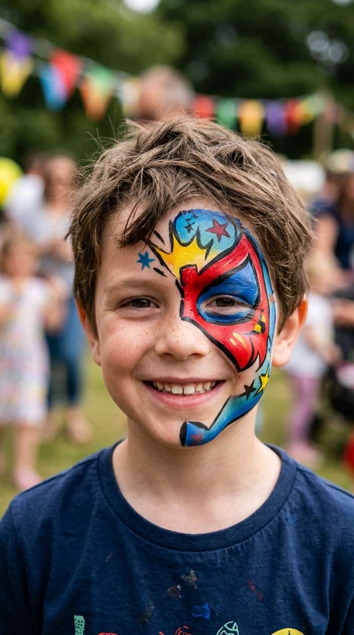 Child with a brightly painted half-face superhero mask smiling at the camera.