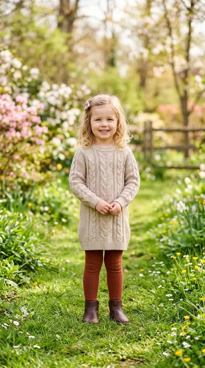 A young child standing outdoors wearing a sweater dress and tights, smiling gently in a grassy area with spring flowers.