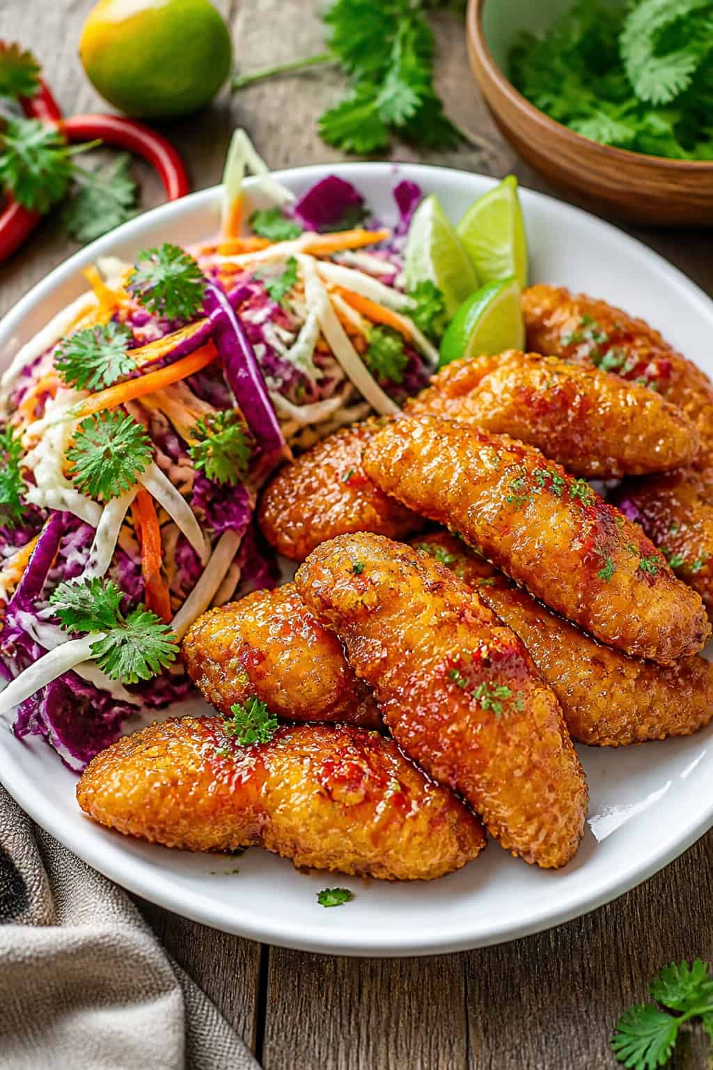 25 Chicken Tender Recipes for Hungry Families 19 A plate of crispy sweet chili lime chicken tenders served with fresh colorful slaw on a wooden table.