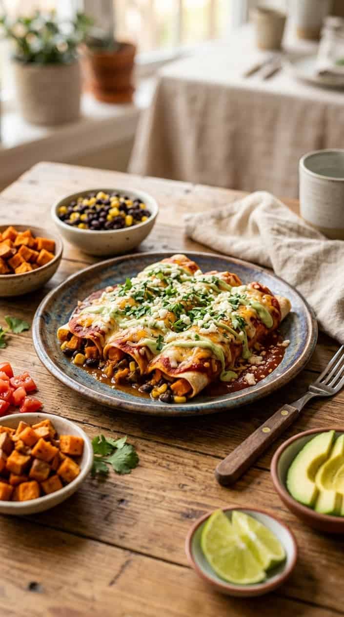 20 Easy Kid-Friendly Meals Made From Scratch 13 A plate of sweet potato and black bean enchiladas garnished with cilantro and creamy sauce on a wooden table with fresh ingredients around it.