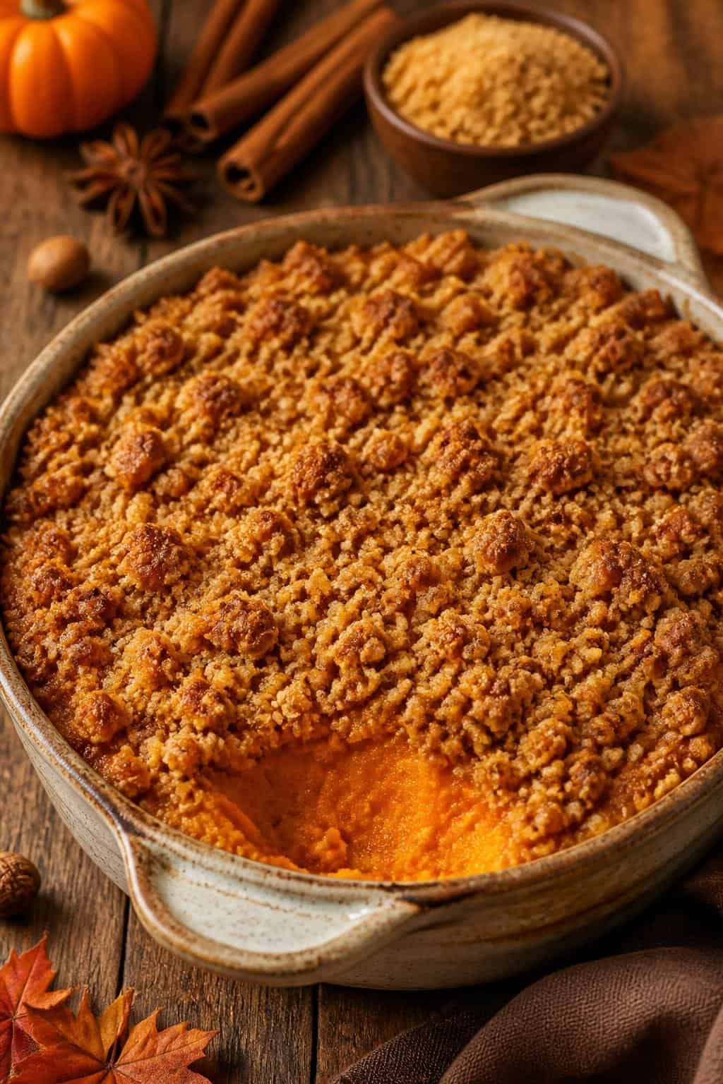 Sweet Potato Casseroles That Feed a Crowd 6 A baked sweet potato casserole with a golden streusel topping in a ceramic dish on a wooden table with autumn decorations.