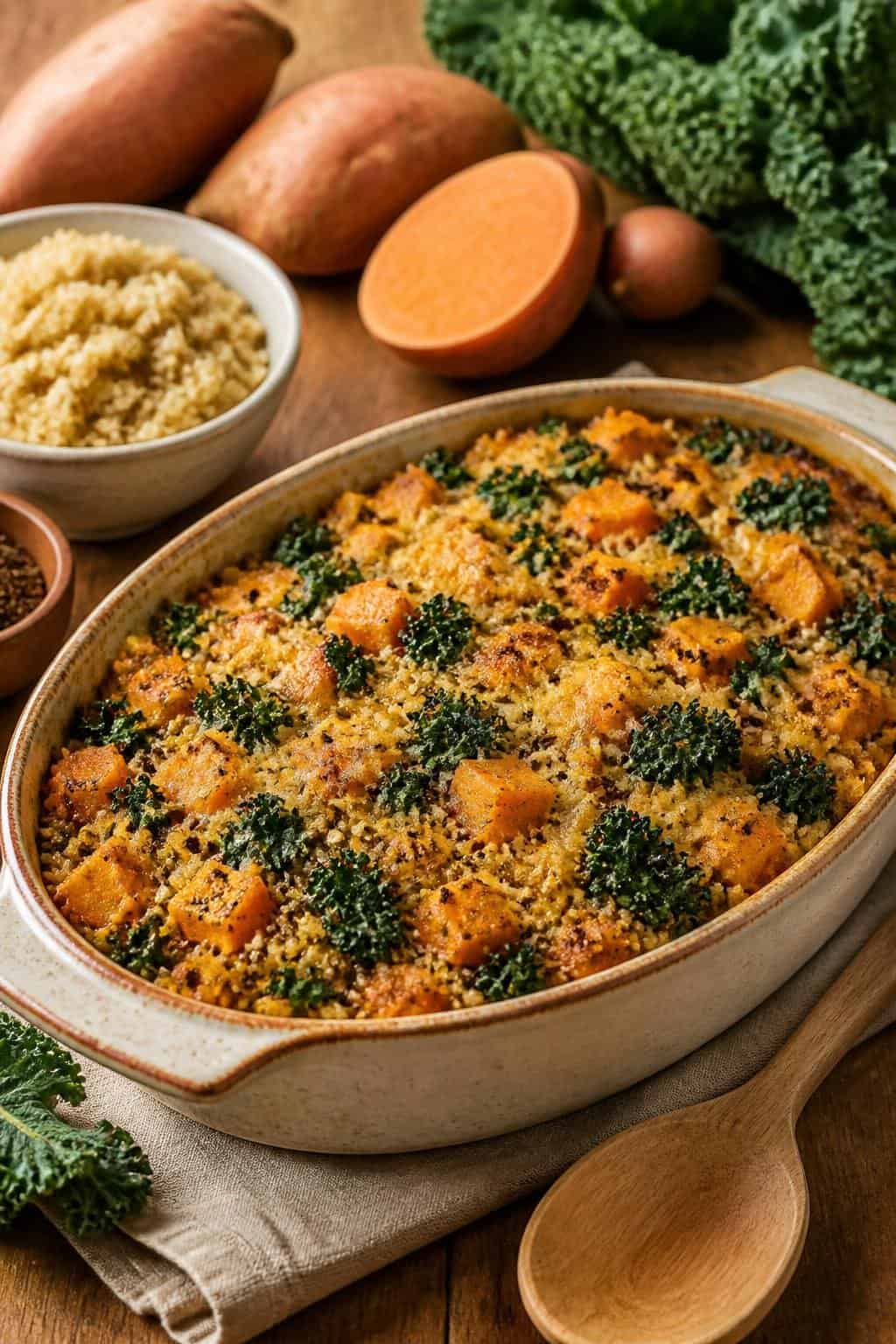 Sweet Potato Casseroles That Feed a Crowd 15 A baked casserole dish filled with sweet potato, quinoa, and kale on a wooden table with fresh ingredients around it.