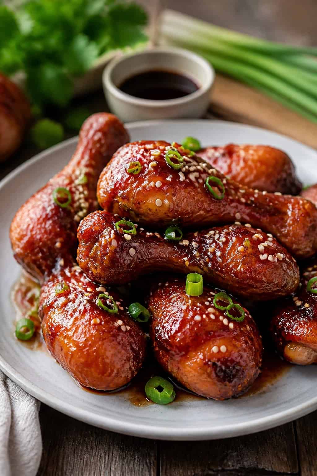 Lacquered sweet soy chicken drumsticks on a dark ceramic plate, finished with white sesame seeds and thinly sliced green onions on a matte wood surface.