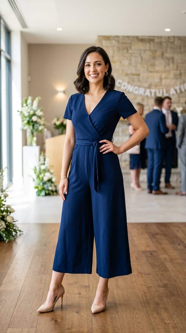 A young woman stands indoors wearing a stylish jumpsuit, posing confidently in a softly lit modern room.