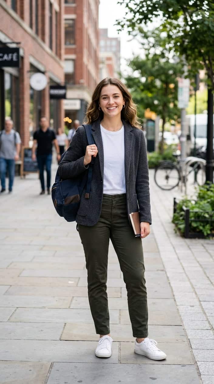 A young adult wearing a knit blazer stands outdoors in a city setting during the day, looking confident and ready for school.