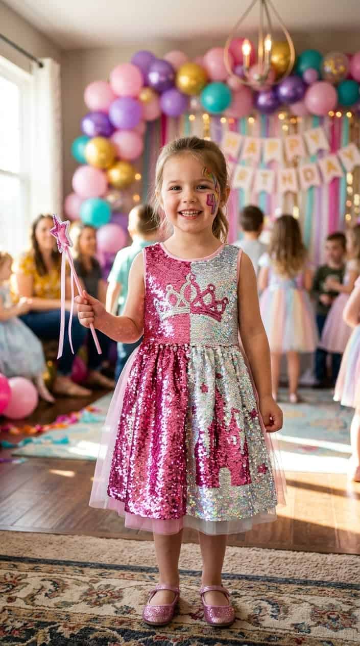 Princess Outfits a Four-Year-Old Will Keep On 32 Four-year-old girl in a pink and silver reversible sequin dress at a colorful birthday party with balloons in the background