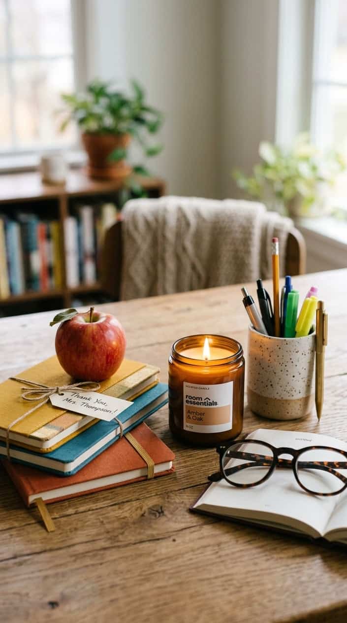 A lit scented candle on a wooden desk surrounded by notebooks, an apple, reading glasses, and a pen holder.