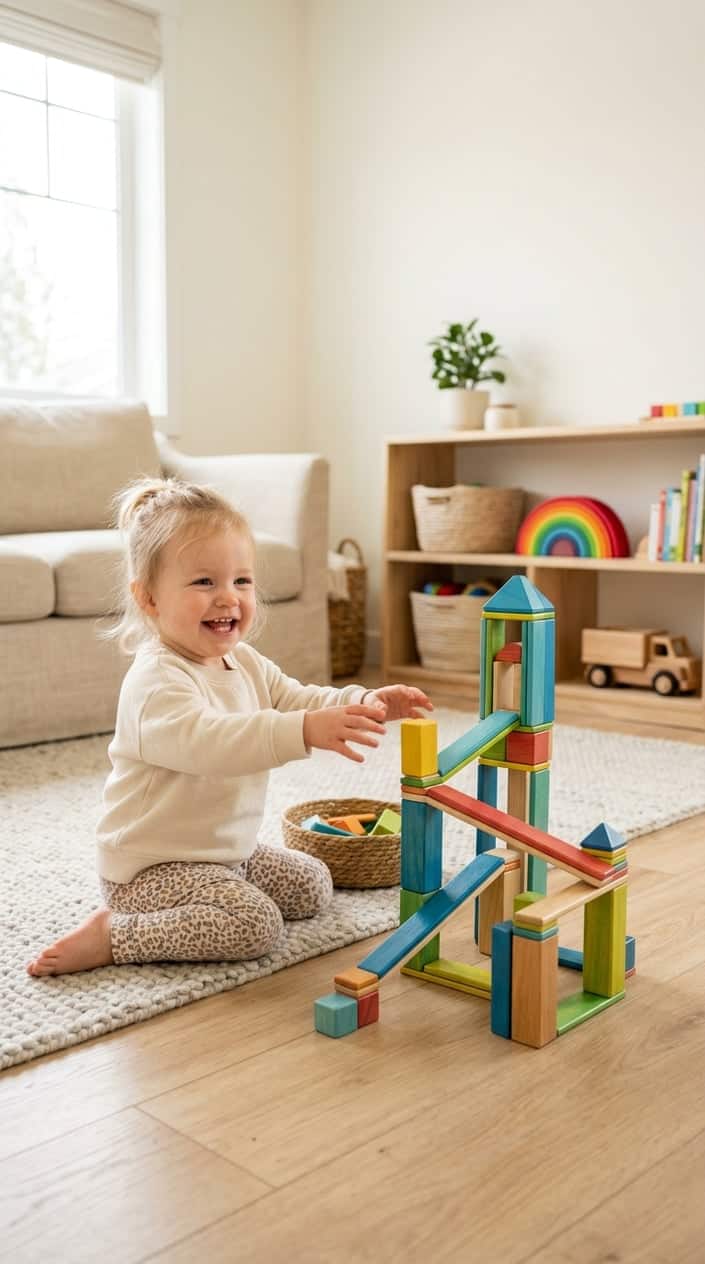 A toddler playing with colorful magnetic wooden blocks arranged on the floor in a bright playroom.