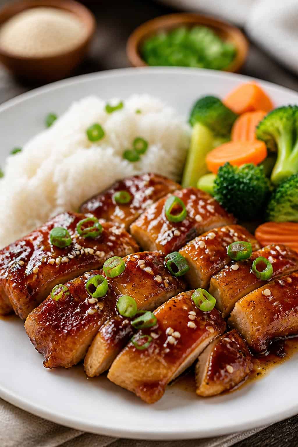 Teriyaki glazed chicken thighs on a white plate with a deep mahogany-colored glaze, served alongside steamed white rice and bright green vegetables.