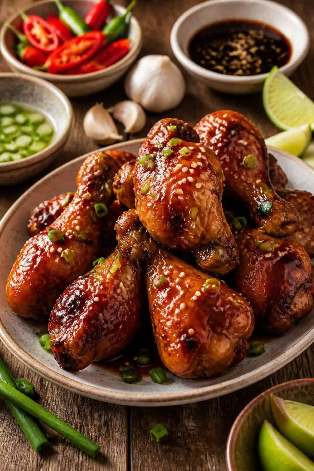 A plate of teriyaki glazed chicken drumettes garnished with sesame seeds and green onions on a wooden table with small bowls of dipping sauces and fresh ingredients around it.