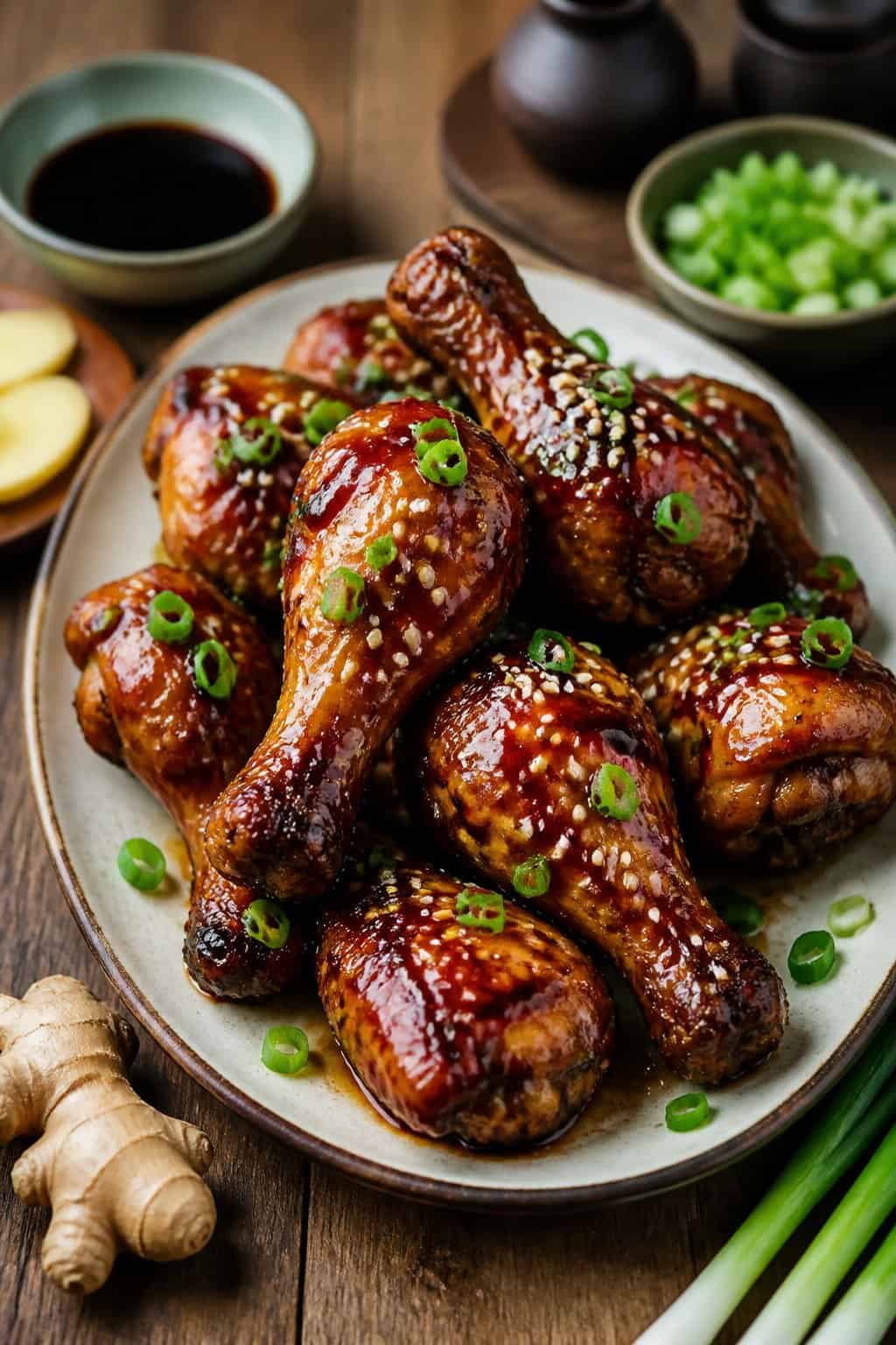 Lacquered teriyaki chicken drumsticks on a light ceramic plate topped with toasted sesame seeds and thinly sliced green onions, with small sauce bowls and fresh ginger visible at the edges of a wooden table.
