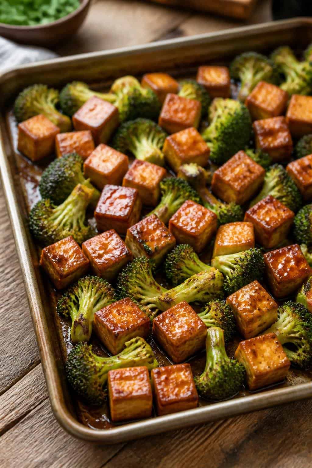 Golden-edged cubed firm tofu and deep-charred broccoli florets coated in a dark teriyaki glaze on a foil-lined sheet pan on a wooden table, garnished with sesame seeds and sliced green onions.