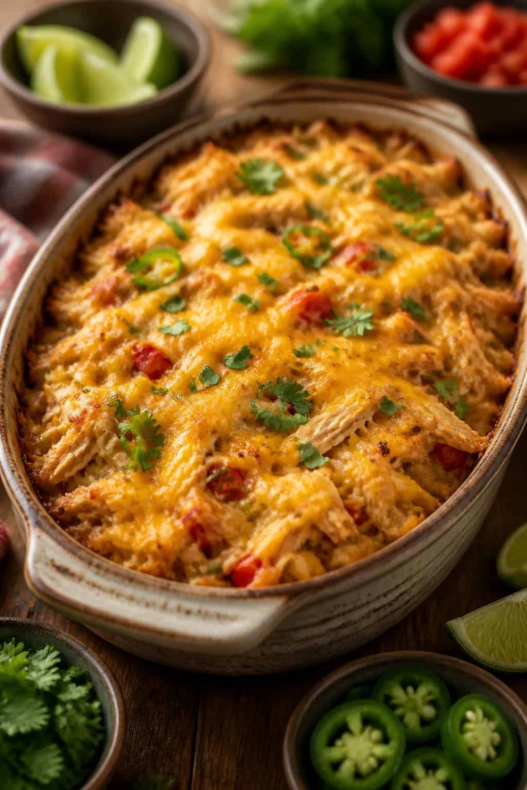 A freshly baked Tex-Mex chicken and hashbrown casserole in a ceramic dish on a wooden table with fresh herbs and lime wedges nearby.