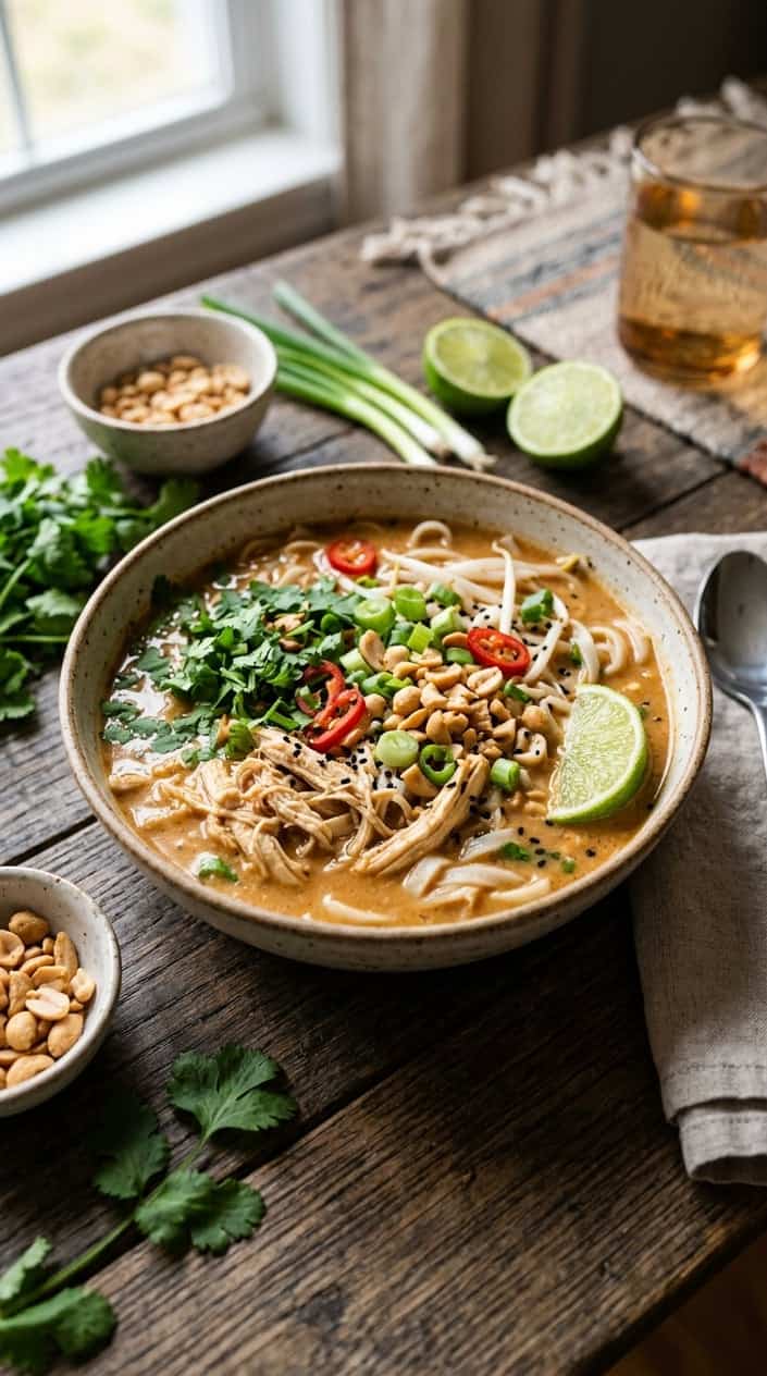 A bowl of Thai peanut chicken noodle soup garnished with peanuts, cilantro, and lime on a wooden table.