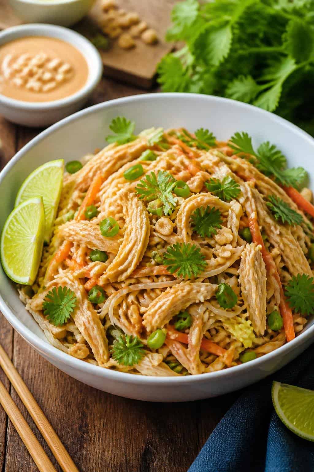 A large bowl of Thai peanut noodle salad with rice noodles, shredded chicken, bright orange carrot ribbons, thinly sliced cucumber, fresh cilantro, and crushed peanuts, with lime wedges on the side.
