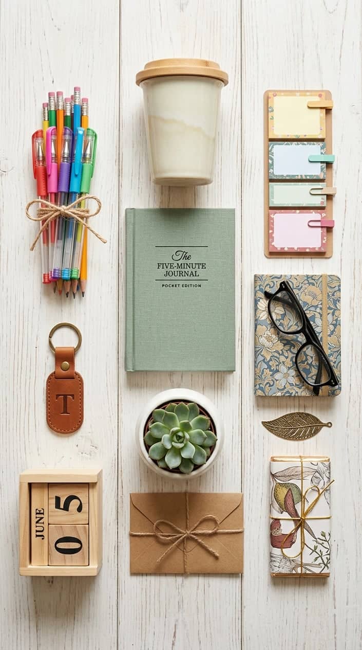 A flat lay of twelve affordable teacher gifts arranged neatly on a white wooden table, including a pocket journal, pens, a small plant, a coffee cup, sticky notes, a notebook, glasses, a bookmark, a gift card envelope, a keychain, a desk calendar, and a chocolate bar.