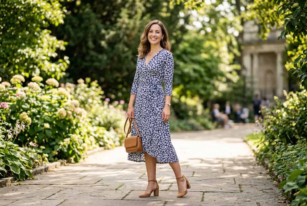 15 Mom Graduation Outfit Ideas to Shine With Style and Comfort 36 A woman standing on a sunlit walkway wearing a midi wrap dress in a soft neutral tone and block heels, with green garden hedges behind her.
