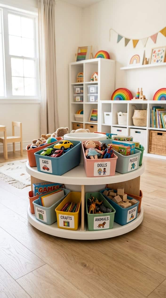 A multi-tier rotating toy caddy with labeled bins holding small cars, dolls, and puzzle pieces, positioned in the corner of a bright children's playroom.