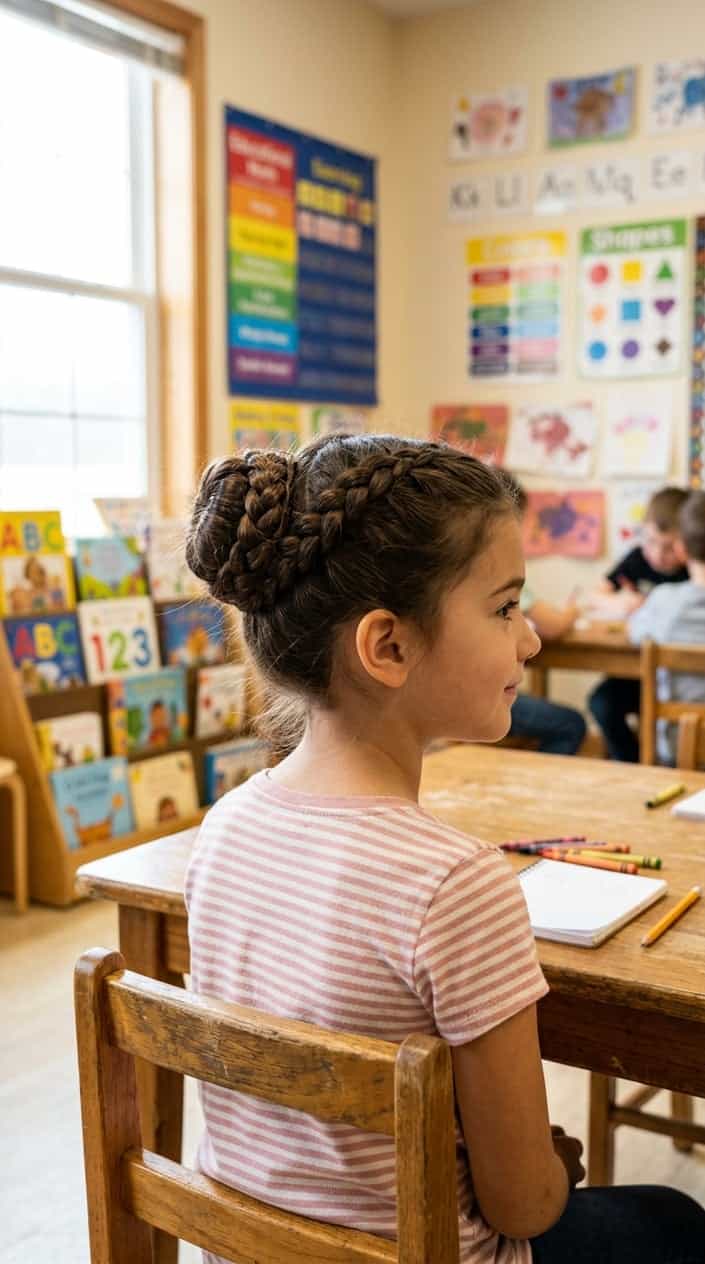Young girl sitting in a classroom with her hair styled in a braided bun.