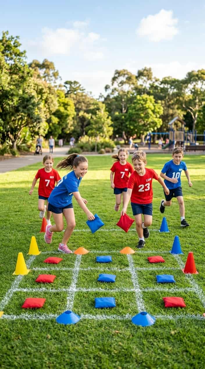 Physical Activities for Kids to Burn Off Energy 13 Children playing a tic-tac-toe sprint game outdoors using cones and beanbags on a grassy field.