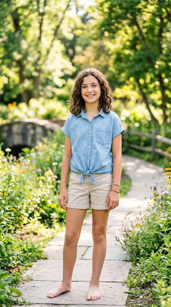 18 Tween Girl Outfits for the Summer They Outgrow Every Shirt 3 A tween girl standing outside on a sunny day wearing a light blue tie-front shirt and smiling.