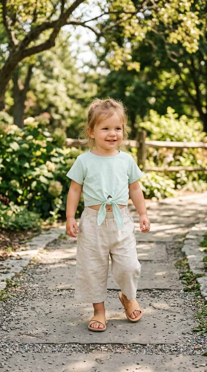 Easy Mix-and-Match Toddler Girl Summer Outfits 15 A toddler girl standing outdoors wearing a tie-front crop top, pull-on culottes, and slide sandals.
