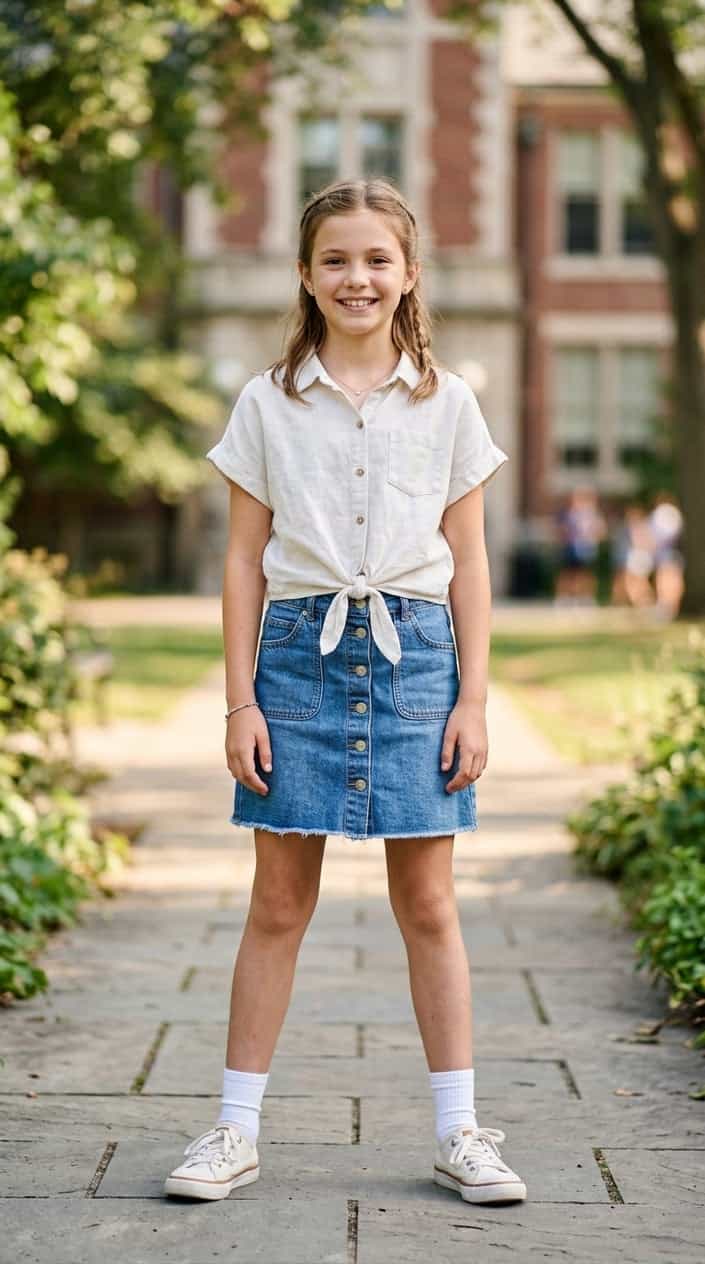 A young girl standing outdoors wearing a tie-front linen shirt and a denim skirt, smiling gently.