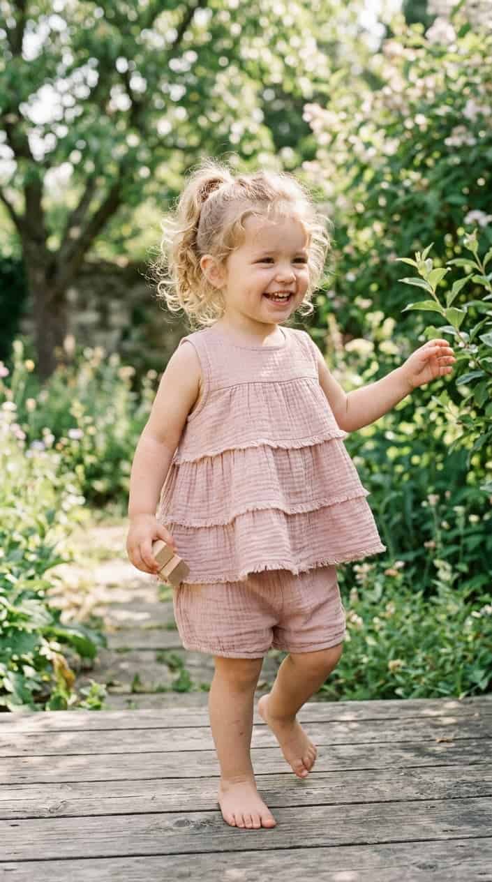 12 Cute Summer Dress Ideas for Toddler Girls Who Hate Wearing Dresses 5 A toddler girl wearing a tiered cotton tunic and shorts playing outside on a sunny day.
