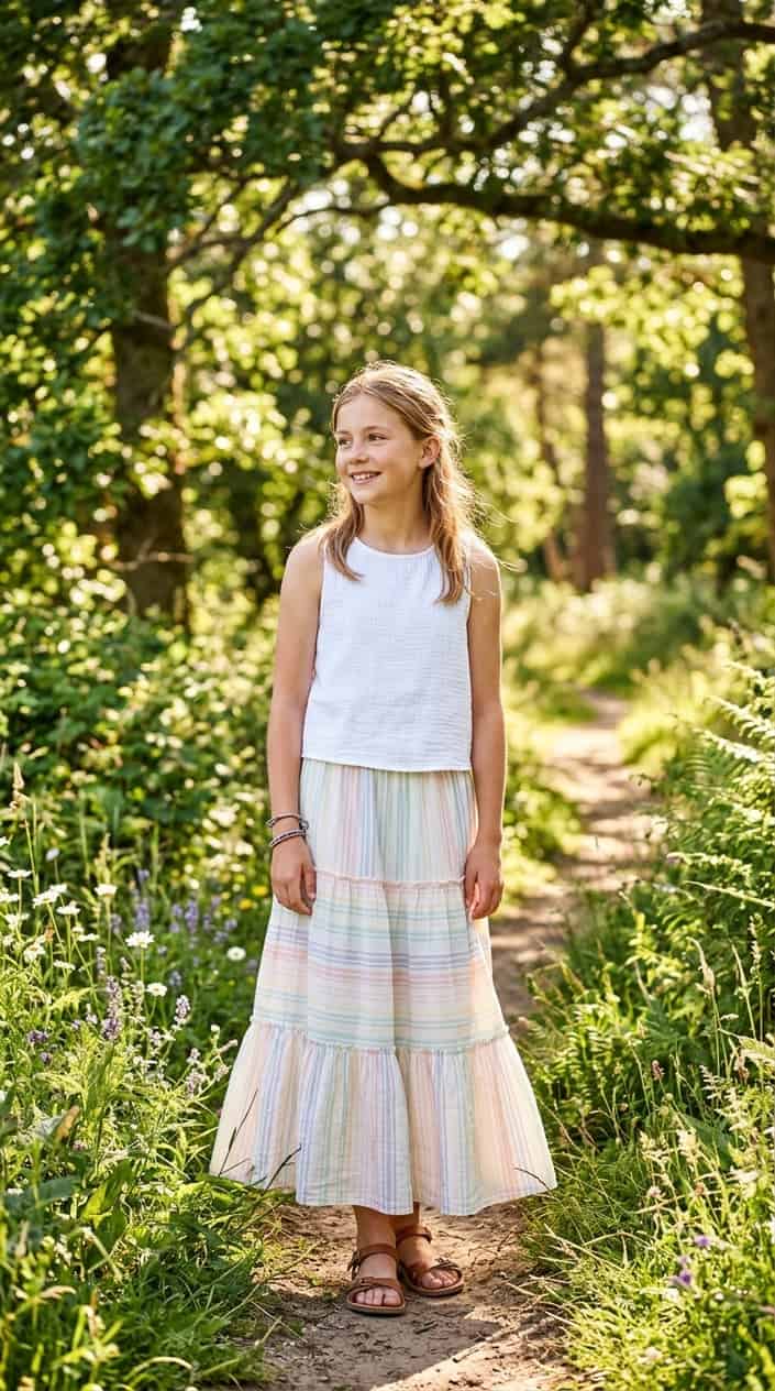18 Tween Girl Outfits for the Summer They Outgrow Every Shirt 8 A tween girl standing outdoors wearing a tiered maxi skirt and a summer top, smiling with greenery in the background.
