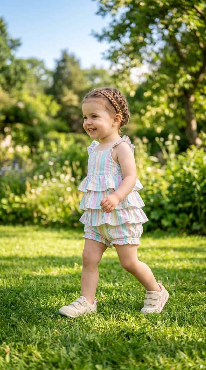 Easy Mix-and-Match Toddler Girl Summer Outfits 17 A toddler girl wearing a tiered ruffle romper, braided hairband, and soft-soled sneakers standing outdoors on a sunny day.