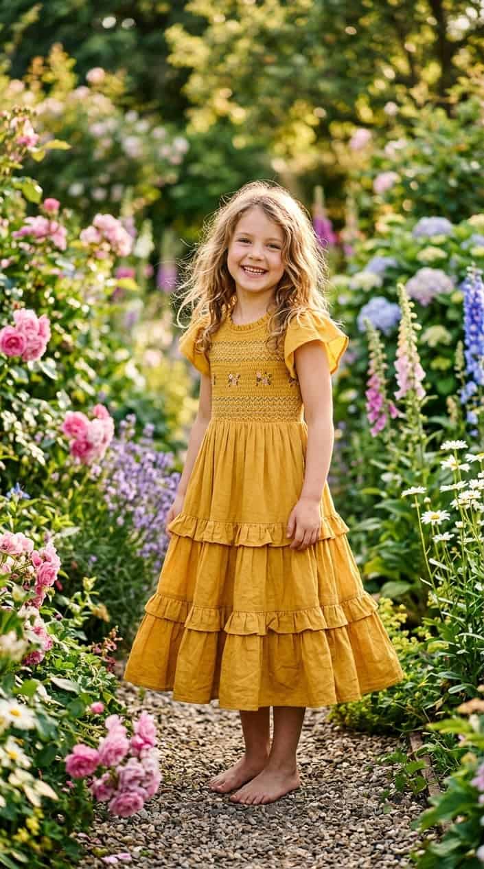 Retro-Inspired Summer Outfits for Girls 8 A young girl wearing a yellow tiered dress standing in a garden with flowers and greenery.