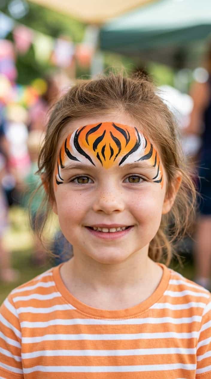 Close-up of a child smiling with tiger stripe face paint on their forehead.