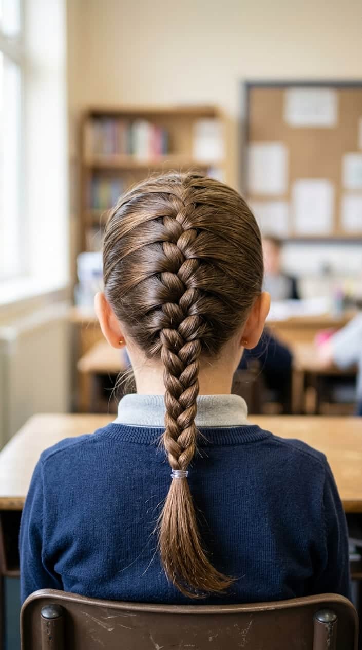 Back view of a young girl with a tightly braided hairstyle secured at the nape of her neck.