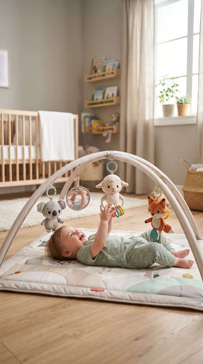 A baby lying on a neutral-colored play mat with hanging toys in a bright nursery.