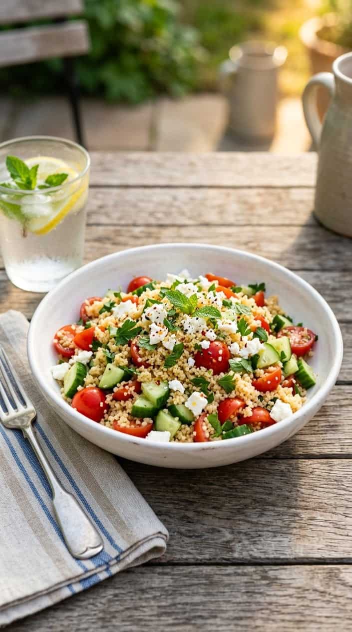 A bowl of tomato, cucumber, and feta couscous salad on a wooden table with fresh herbs and a glass of iced water nearby.
