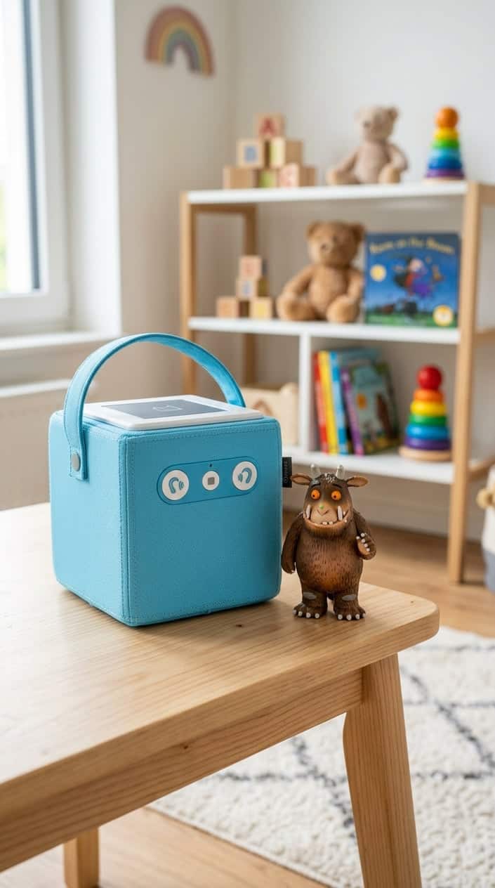 Tonies Toniebox Starter Set with The Gruffalo displayed on a table in a children's playroom with other toys in the background.