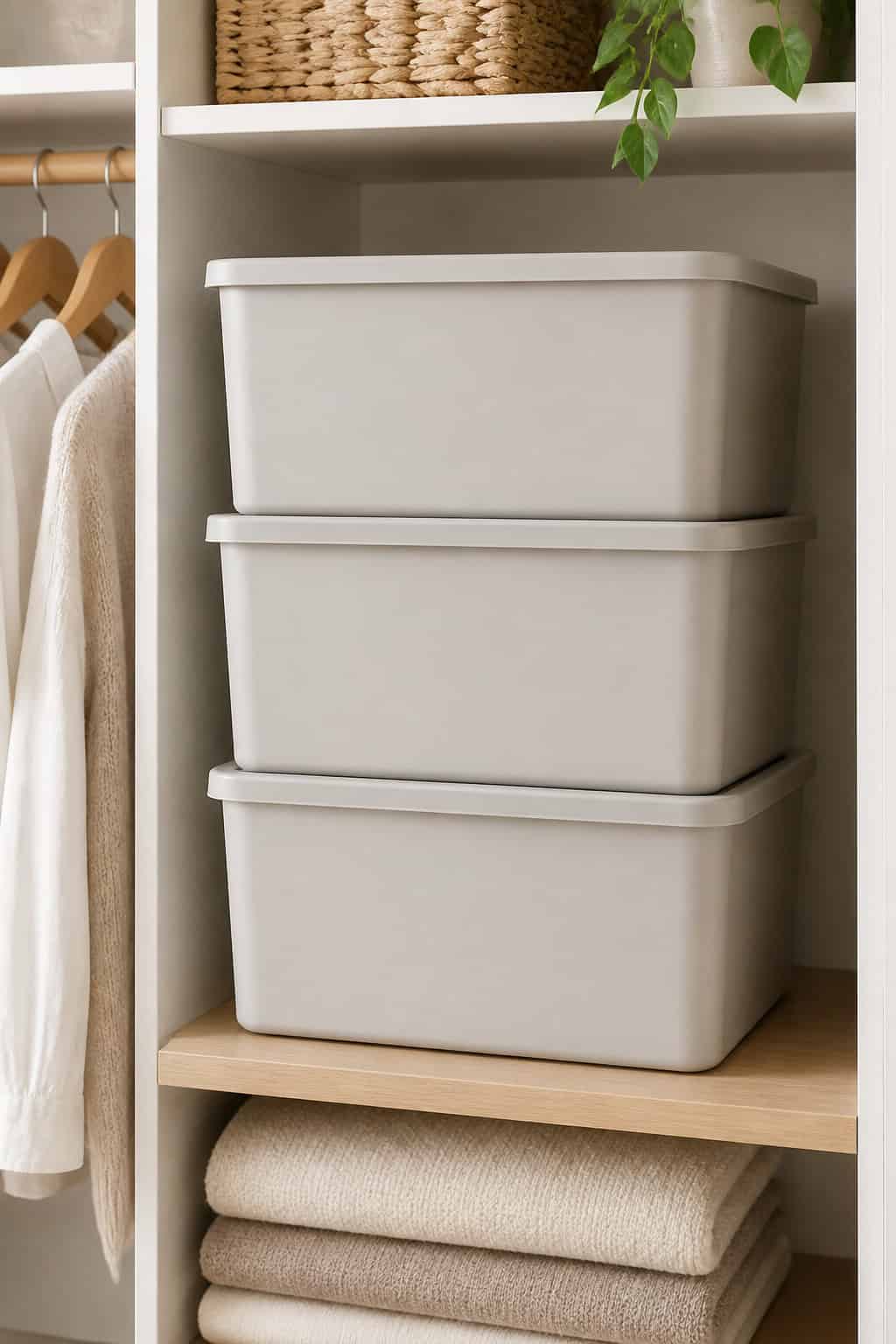 Four large opaque storage bins neatly stacked in a closet