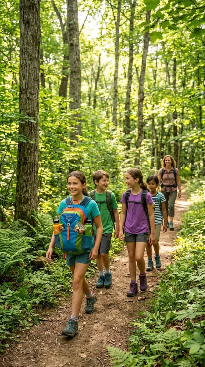 18 Kid-Friendly Outdoor Summer Activities for Tweens and Older Kids 17 A group of children walking single file on a shaded forest trail, the leader carrying a worn green backpack, dappled sunlight coming through the tree canopy above them.