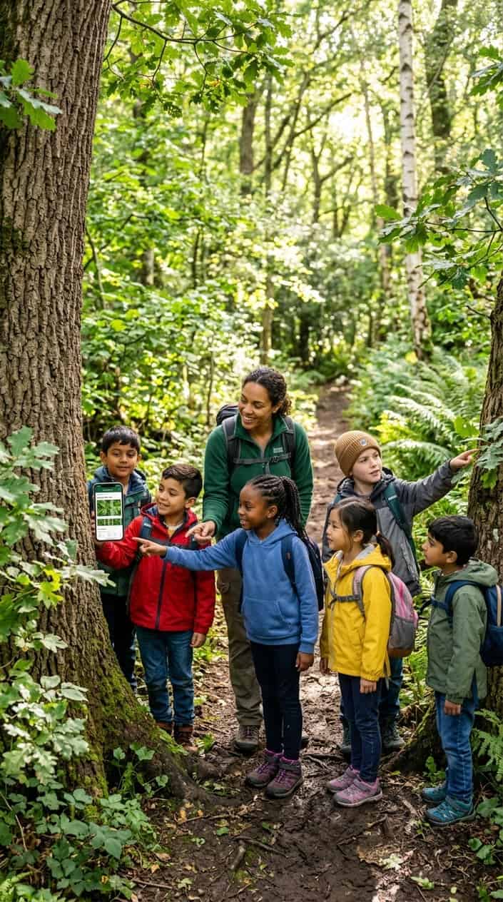Children and an adult using a smartphone app to identify trees during a walk in a forest.